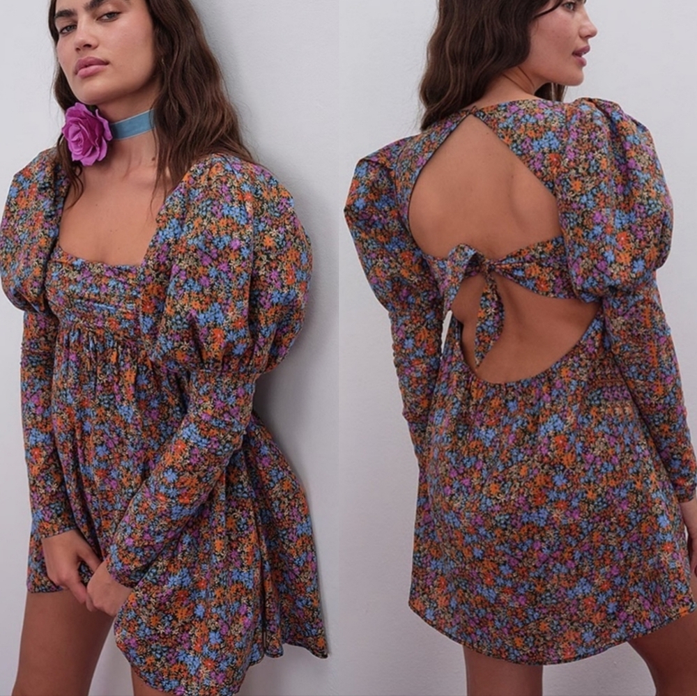 New!For Love And Lemons Brittany Long Sleeve Floral Print Mini Dress‎